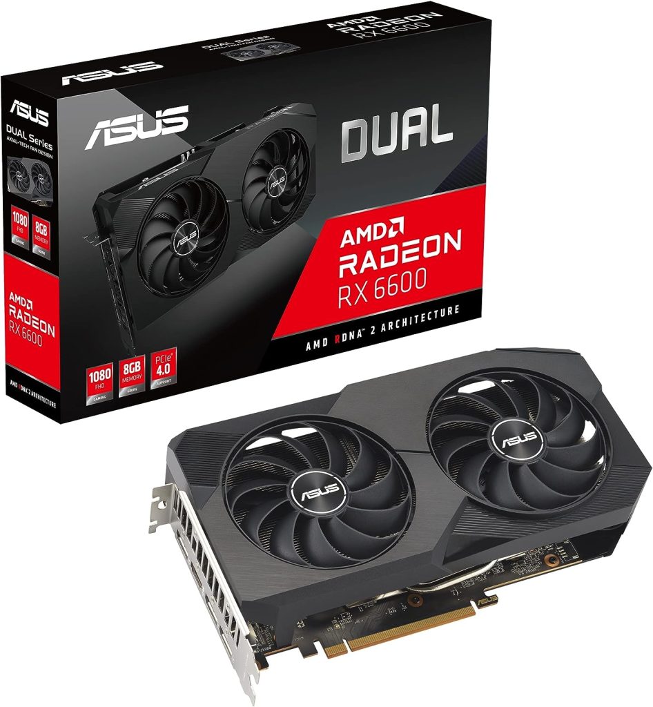 ASUS Dual AMD Radeon RX 6600 8GB GDDR6 Gaming Graphics Card (AMD RDNA 2, PCIe 4.0, 8GB GDDR6 memory, HDMI 2.1, DisplayPort 1.4a, Axial-tech fan design, 0dB technology)