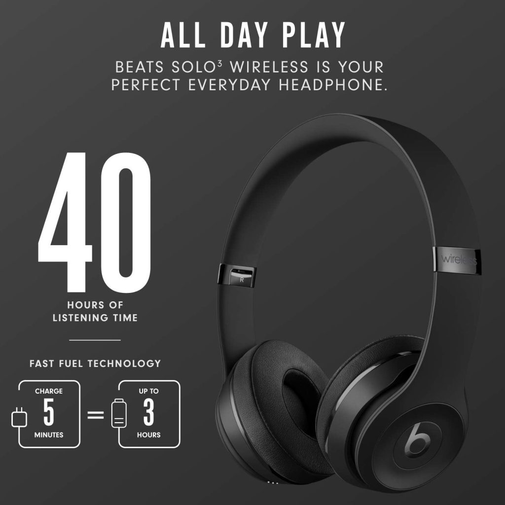 Beats Solo3 Wireless On-Ear Headphones - Apple W1 Headphone Chip, Class 1 Bluetooth, 40 Hours Of Listening Time - Black (Latest Model)