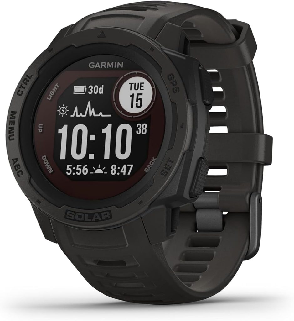 Garmin Instinct SOLAR, Rugged GPS Smartwatch, Built-in Sports Apps and Health Monitoring, Solar Charging and Ultratough Design Features, Graphite