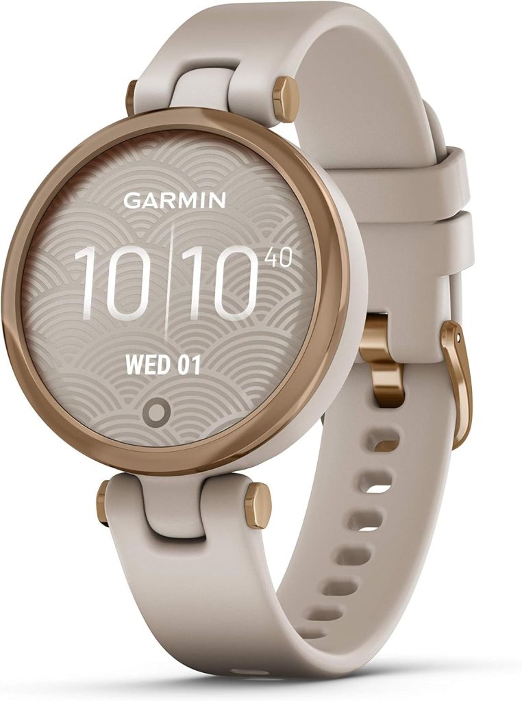 Garmin Lily, Stylish Small Smartwatch and Fitness Tracker, Sport Edition, Patterned Lens , Bright Touchscreen Display and up to 5 days battery life, Light Sand