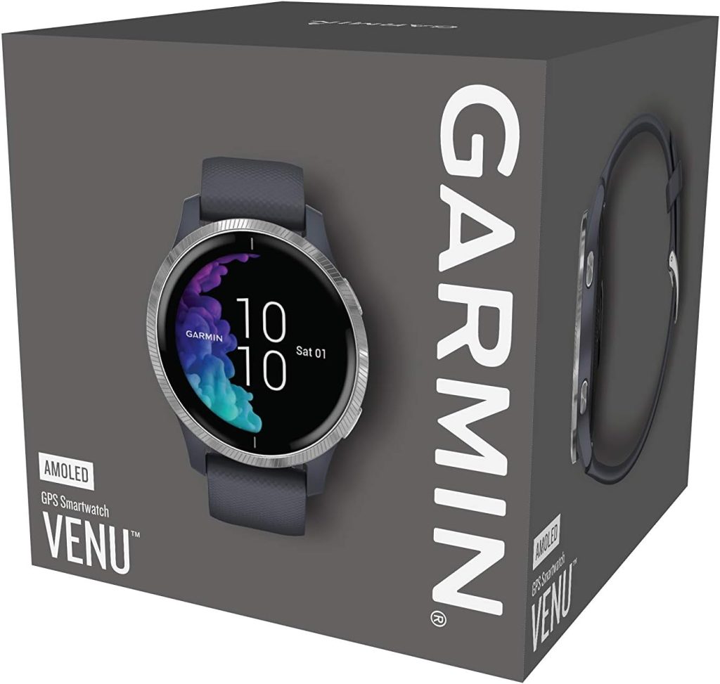 Garmin Venu, GPS Smartwatch with Bright Touchscreen Display, Features Music, Body Energy Monitoring, Workouts, Pulse Ox Sensors and More, Granite Blue with Silver Hardware, Granite Blue and Silver