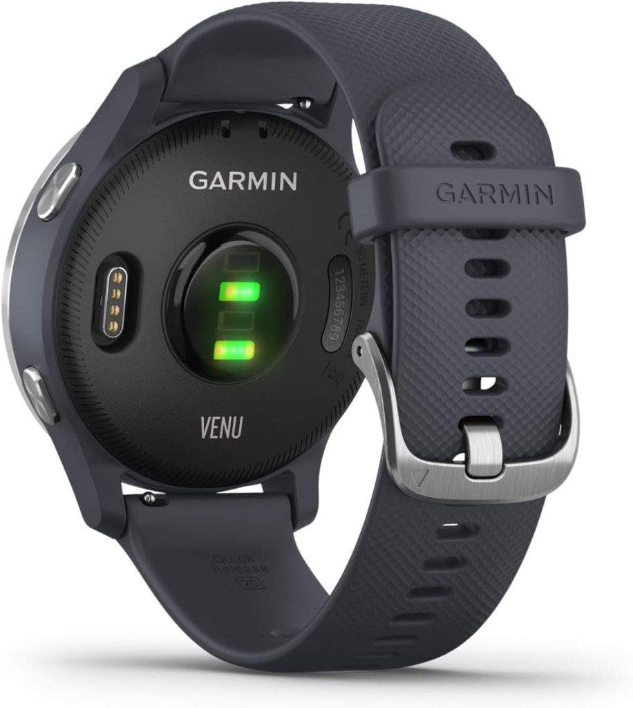 Garmin Venu, GPS Smartwatch with Bright Touchscreen Display, Features Music, Body Energy Monitoring, Workouts, Pulse Ox Sensors and More, Granite Blue with Silver Hardware, Granite Blue and Silver