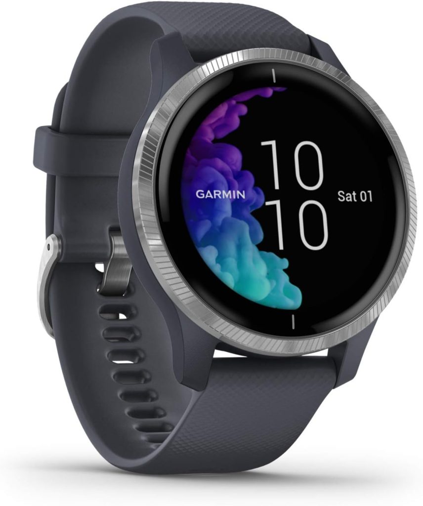 Garmin Venu, GPS Smartwatch with Bright Touchscreen Display, Features Music, Body Energy Monitoring, Workouts, Pulse Ox Sensors and More, Granite Blue with Silver Hardware, Granite Blue and Silver