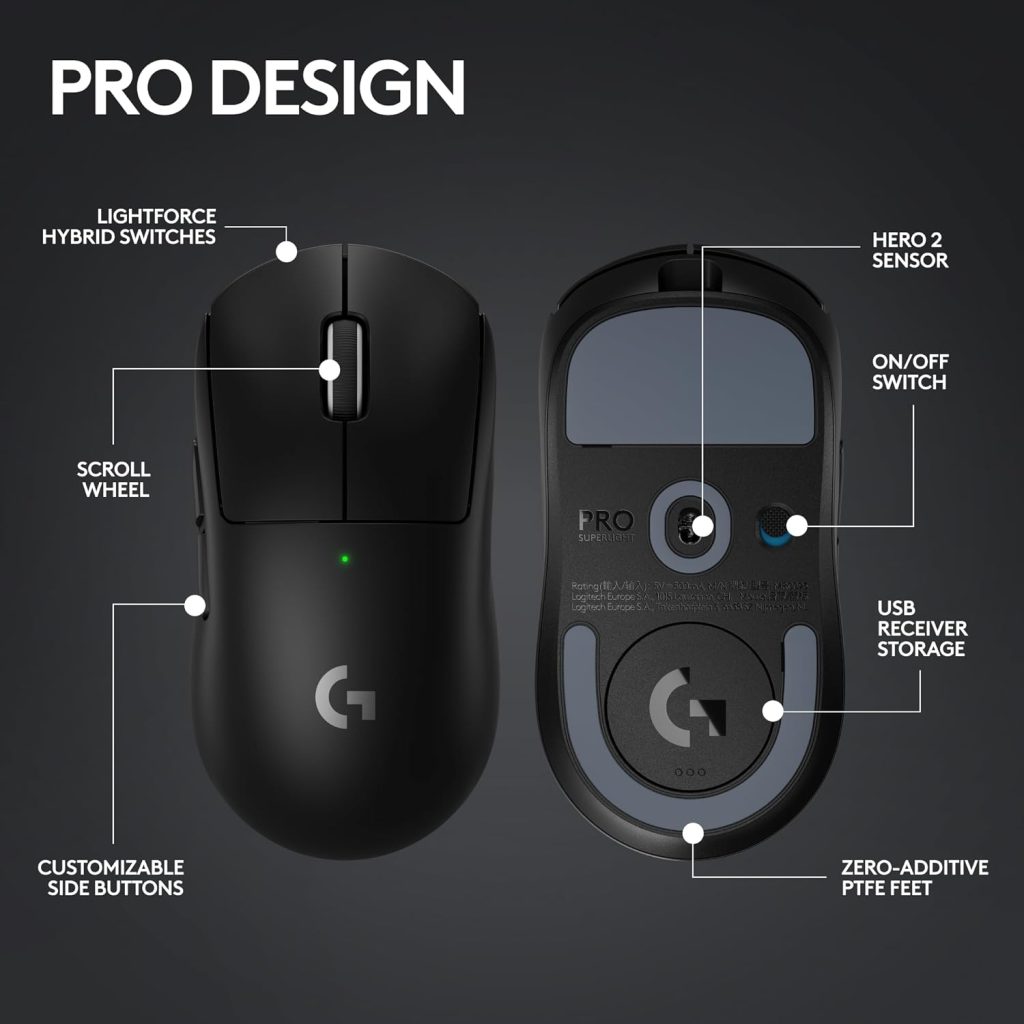 Logitech G PRO X SUPERLIGHT 2 LIGHTSPEED Wireless Gaming Mouse, Lightweight, LIGHTFORCE Hybrid Switches, HERO 2 Sensor, 32,000 DPI, 5 Programmable Buttons, USB-C Charging, PC  Mac - Black