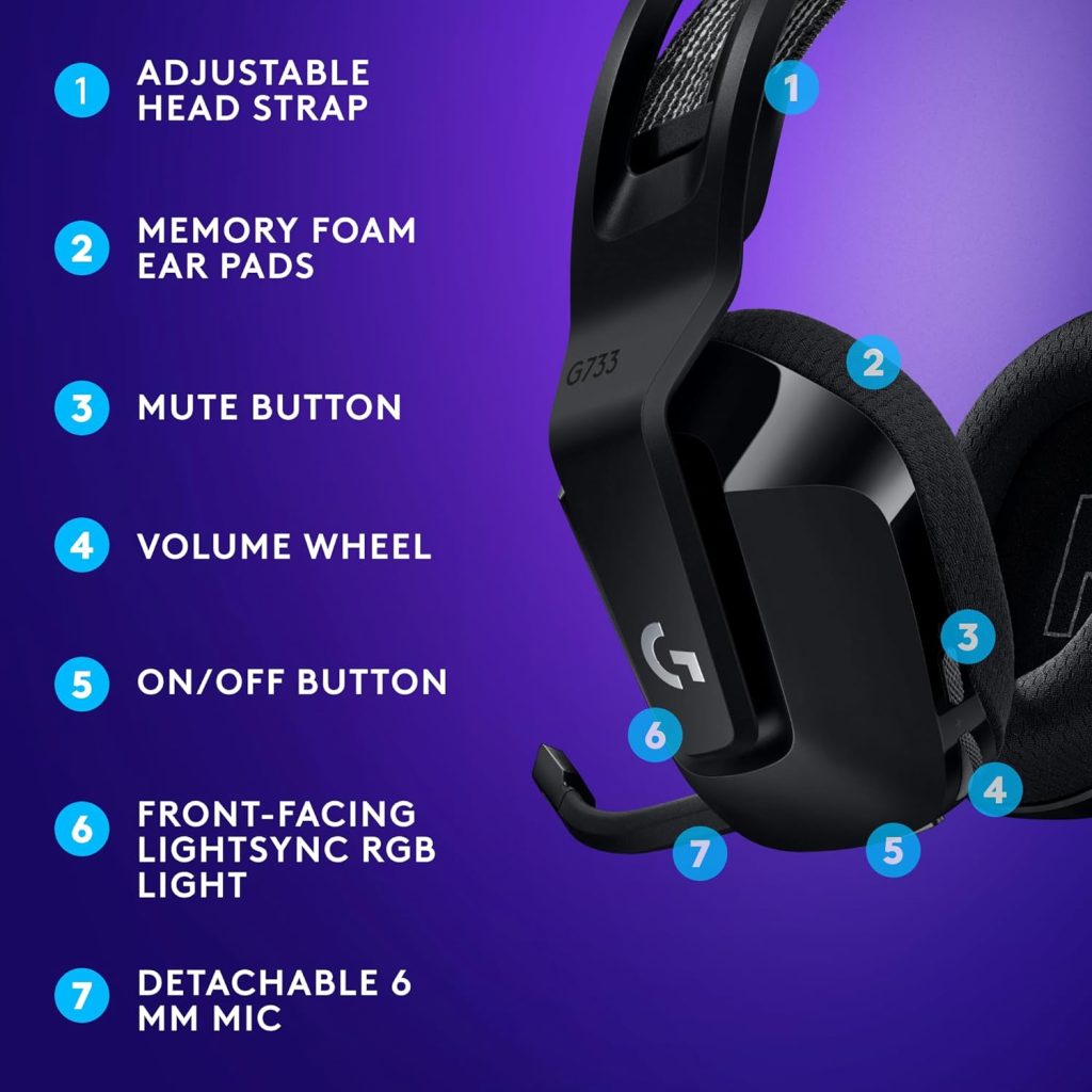 Logitech G733 LIGHTSPEED Wireless Gaming Headset with suspension headband, LIGHTSYNC RGB, Blue VO!CE mic technology and PRO-G audio drivers, Lightweight, 29 Hour battery life, 20m range - White