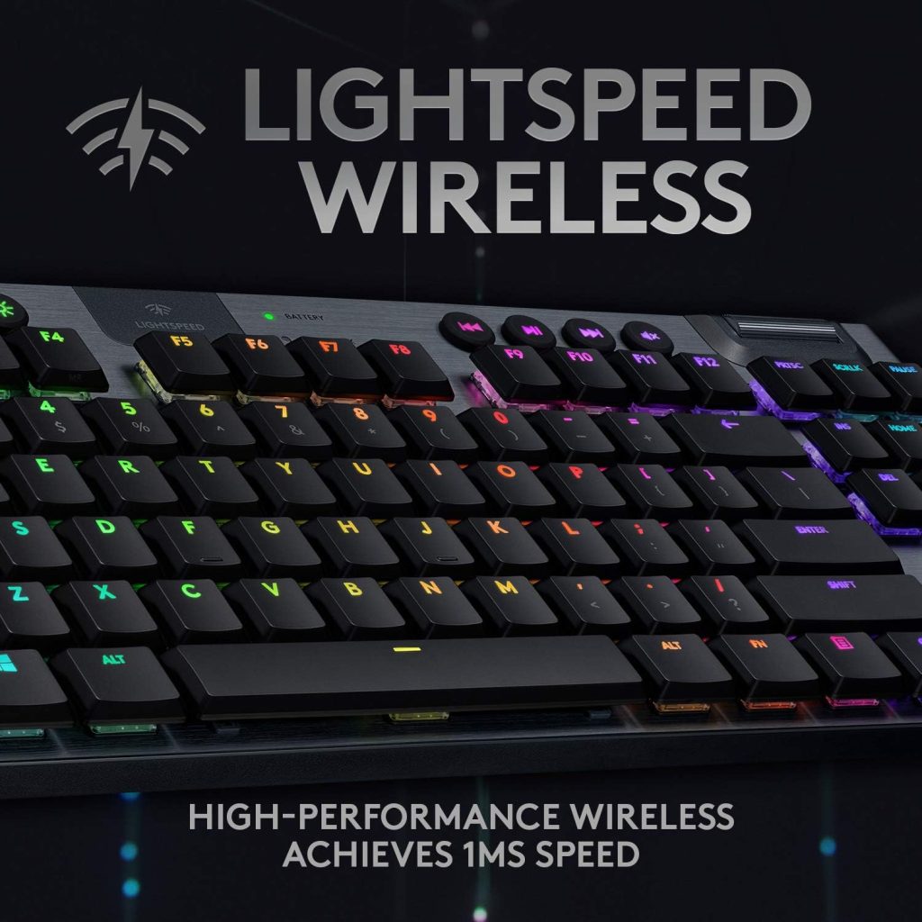 Logitech G915 LIGHTSPEED TKL Tenkeyless Wireless Mechanical Gaming Keyboard with low profile GL-Clicky key switches, LIGHTSYNC RGB, Ultra thin design, 40+ hours battery life, QWERTY UK Layout - Black