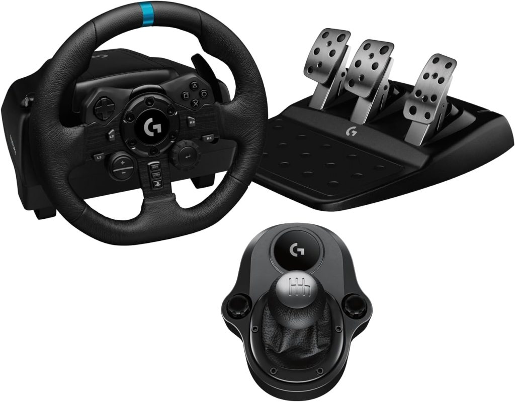 Logitech G923 Racing Wheel and Pedals, TRUEFORCE up to 1000 Hz Force Feedback, Responsive Driving Design, Dual Clutch Launch Control, Genuine Leather Wheel Cover, for PS5, PS4, PC, Mac - Black