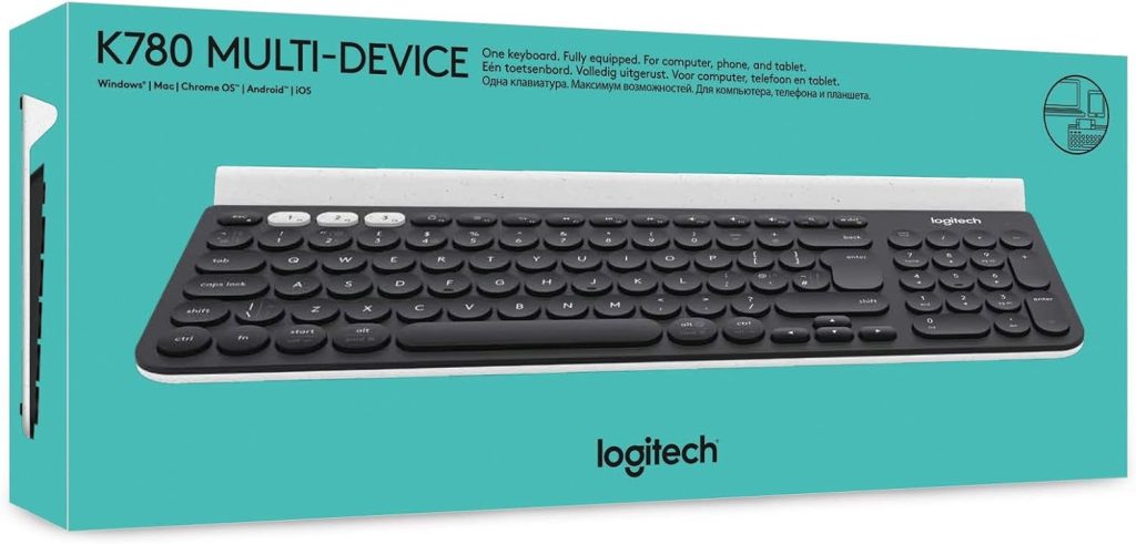 Logitech K780 Multi-Device Wireless Keyboard for Windows, Apple android or Chrome, Wireless 2.4GHz and Bluetooth, Quiet, PC/Mac/Laptop/Smartphone/Tablet, QWERTY UK Layout - Dark Grey/White