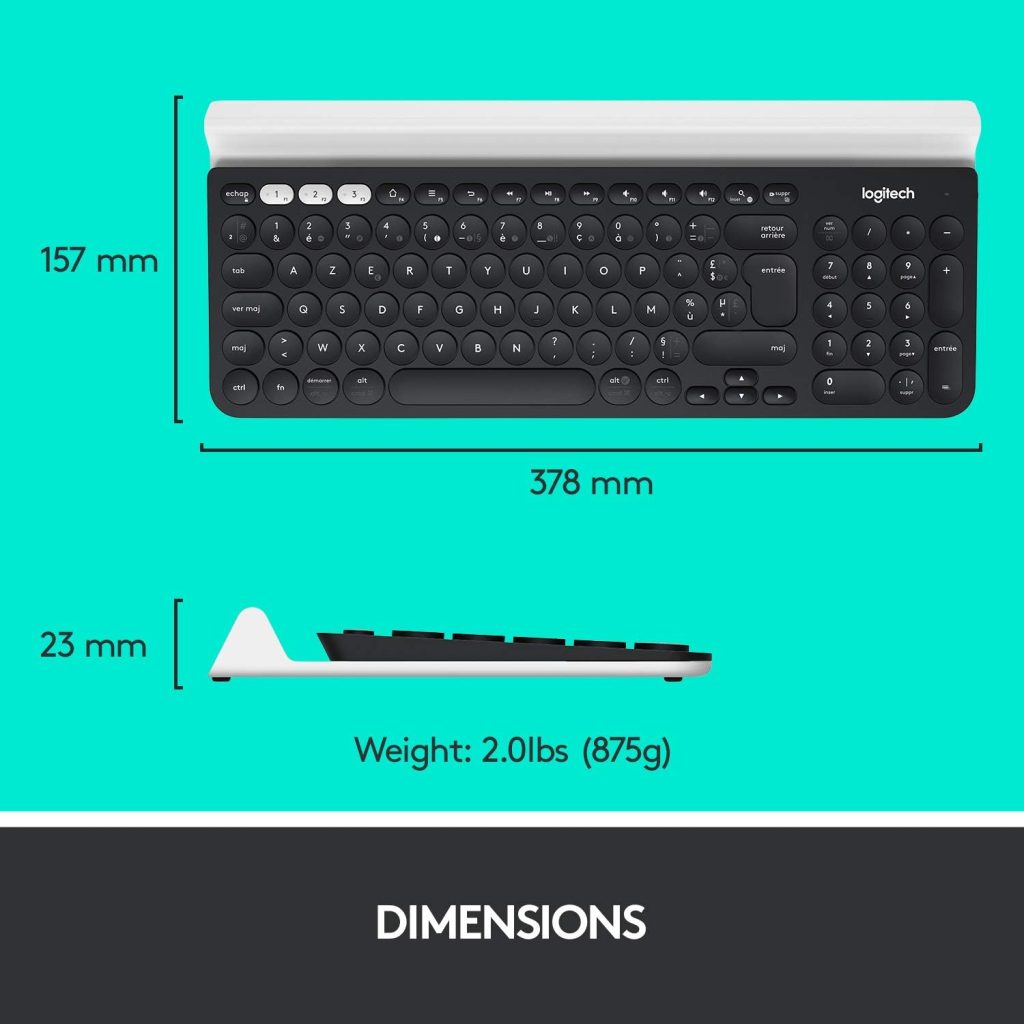 Logitech K780 Multi-Device Wireless Keyboard for Windows, Apple android or Chrome, Wireless 2.4GHz and Bluetooth, Quiet, PC/Mac/Laptop/Smartphone/Tablet, QWERTY UK Layout - Dark Grey/White