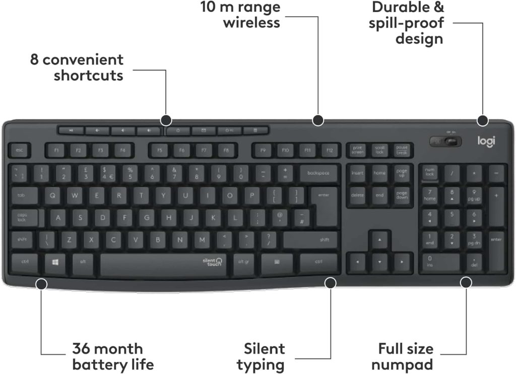 Logitech MK295 Silent Wireless Mouse  Keyboard Combo with SilentTouch Technology, Full Numpad, Advanced Optical Tracking, Lag-Free Wireless, 90% Less Noise, QWERTY UK English Layout - Black