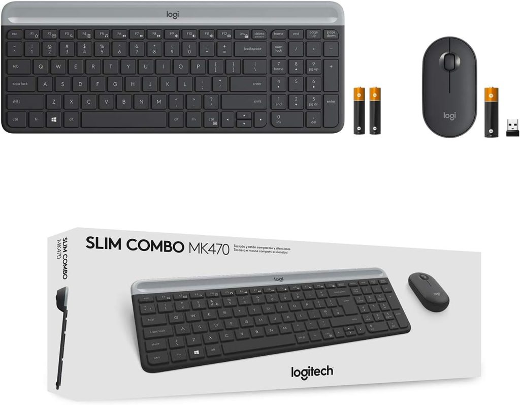 Logitech MK470 Slim Wireless Keyboard  Mouse Combo for Windows, 2.4GHz Unifying USB-Receiver, Low Profile, Whisper-Quiet, Long Battery Life, Optical Mouse, PC/Laptop, QWERTY UK Layout - Black