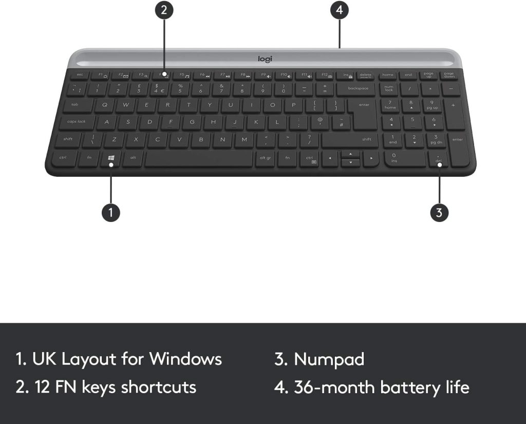 Logitech MK470 Slim Wireless Keyboard  Mouse Combo for Windows, 2.4GHz Unifying USB-Receiver, Low Profile, Whisper-Quiet, Long Battery Life, Optical Mouse, PC/Laptop, QWERTY UK Layout - Black