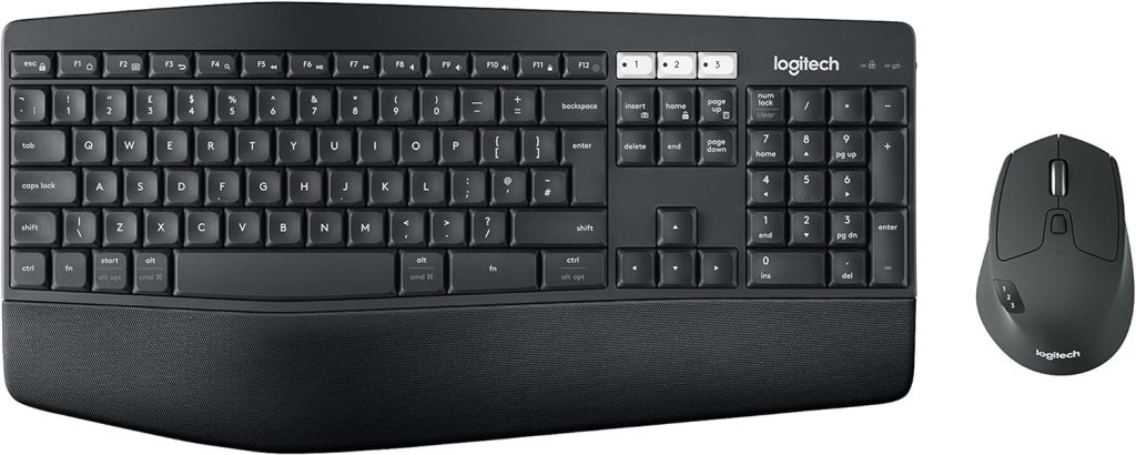 Logitech MK850 Multi-Device Wireless Keyboard and Mouse Combo, 2.4GHz Wireless and Bluetooth, Curved Keyframe  Wireless Mouse, 12 Programmable Keys, 3-Year Battery Life, PC/Mac, QWERTY UK Layout