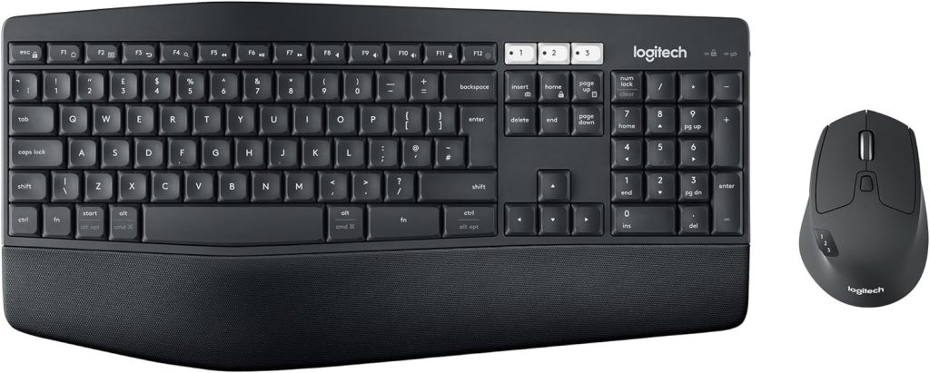 Logitech MK850 Multi-Device Wireless Keyboard and Mouse Combo, 2.4GHz Wireless and Bluetooth, Curved Keyframe  Wireless Mouse, 12 Programmable Keys, 3-Year Battery Life, PC/Mac, QWERTY UK Layout