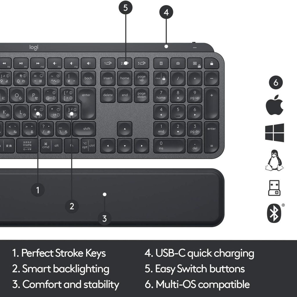 Logitech MX Keys Advanced Wireless Illuminated Keyboard, Tactile responsive Typing, Backlighting, Bluetooth, USB-C, Apple MacOS, Microsoft Windows, Linux, Ios, Android, Metal build Graphite