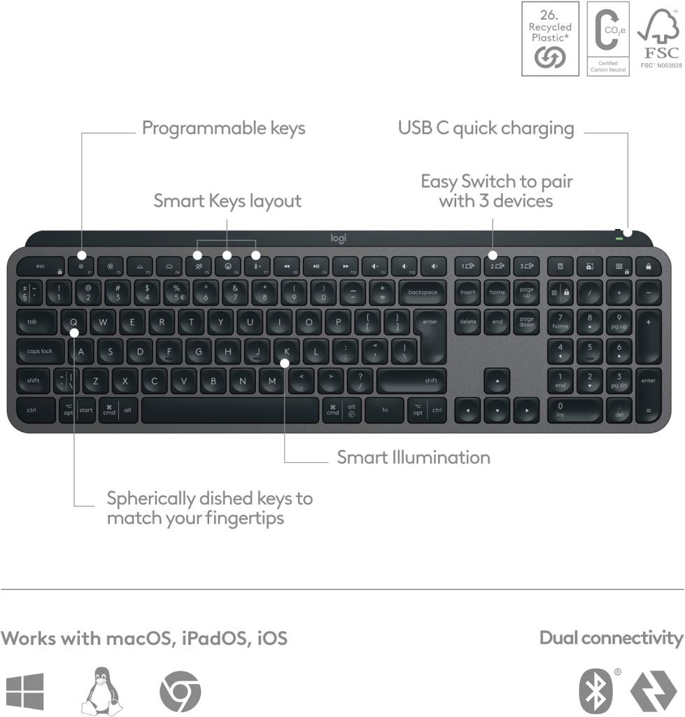 Logitech MX Keys S Wireless Keyboard, Low Profile, Fluid Quiet Typing, Programmable , Backlighting, Bluetooth, USB C Rechargeable, for Windows PC, Linux, Chrome, Mac, QWERTY UK English - Graphite