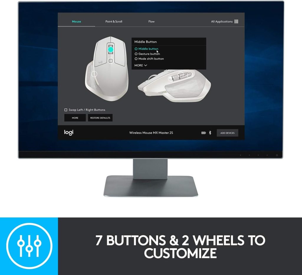 Logitech MX Master 2S Wireless Mouse with Flow Cross-Computer Control and File Sharing for PC and Mac, Grey