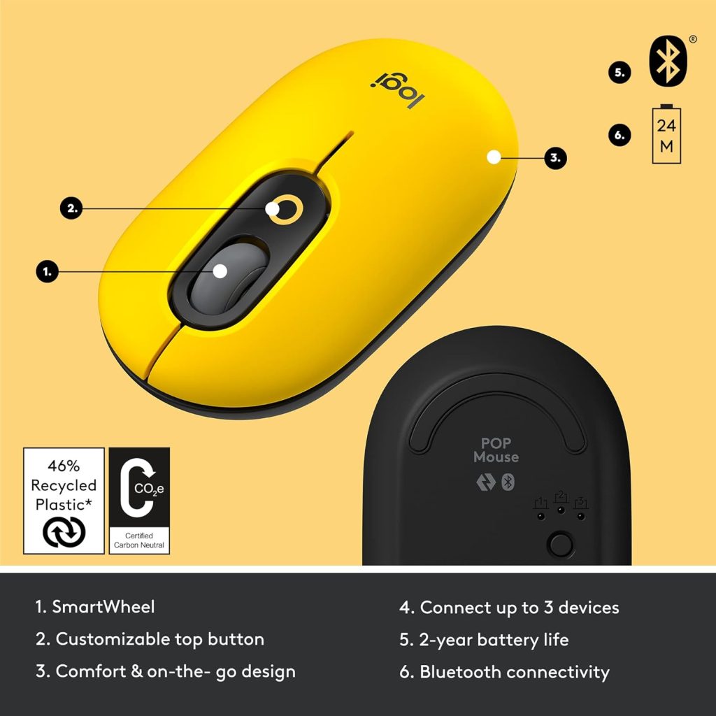 Logitech POP Mouse, Wireless Mouse with Customisable Emojis, SilentTouch Technology, Precision/Speed Scroll, Compact Design, Bluetooth, USB, Multi-Device, OS Compatible - Daydream