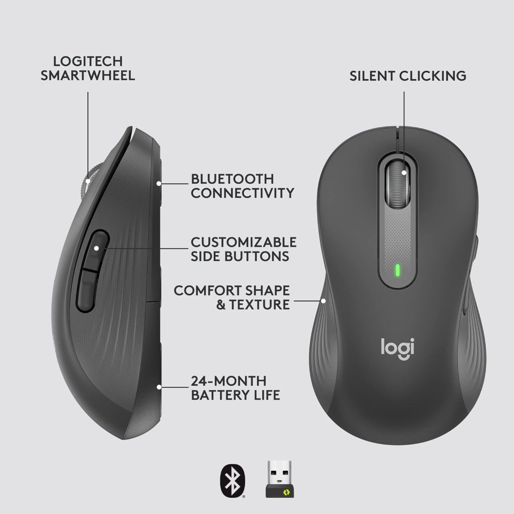 Logitech Signature M650 L Left Wireless Mouse - For Large Sized Left Hands, 2-Year Battery, Silent Clicks, Customisable Side Buttons, Bluetooth, for PC/Mac/Multi-Device/Chromebook - Grey