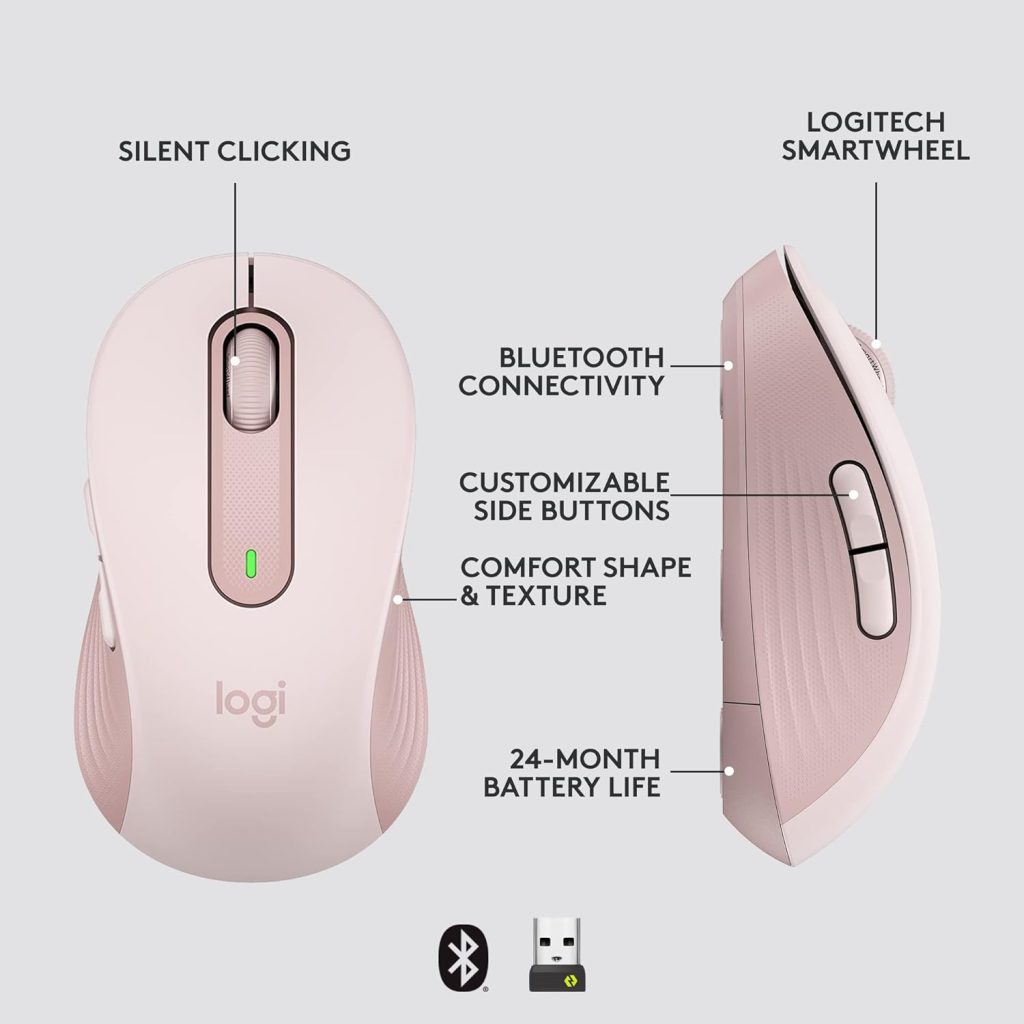 Logitech Signature M650 Wireless Mouse - For Small to Medium Sized Hands, 2-Year Battery, Silent Clicks, Customisable Side Buttons, Bluetooth, for PC/Mac/Multi-Device/Chromebook - Rose