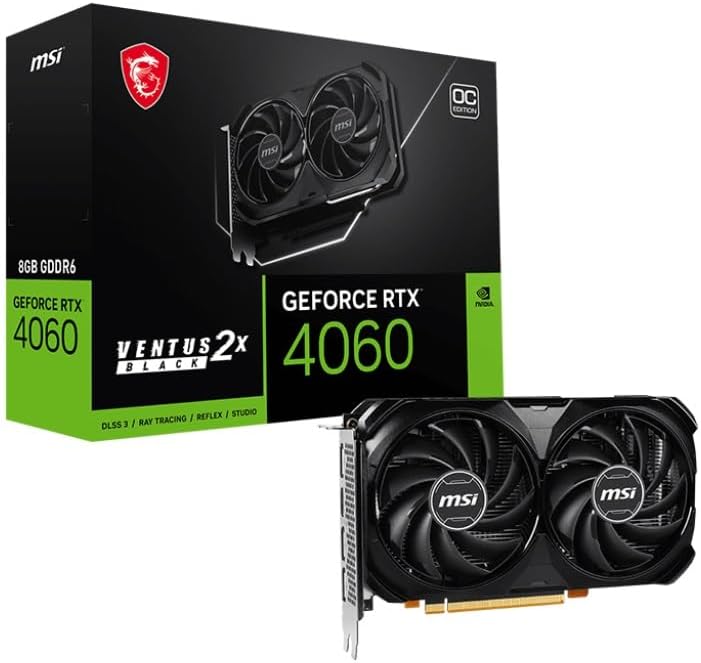 MSI GeForce RTX 4060 VENTUS 2X BLACK 8G OC Gaming Graphics Card - 8GB GDDR6X, PCI Express Gen 4, 128-bit, 3x DP v 1.4a, HDMI 2.1a (Supports 4K  8K HDR)