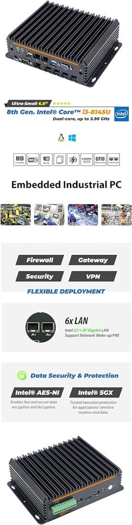 PICOPC Intel i3-8145U 6 LAN Fanless Security Gateway Appliance Firewall Router (8GB RAM, 120GB mSATA SSD) Supports OS Like Windows, Sophos, pfSense, Untangle, Ubuntu, OPNSense (No WiFi)