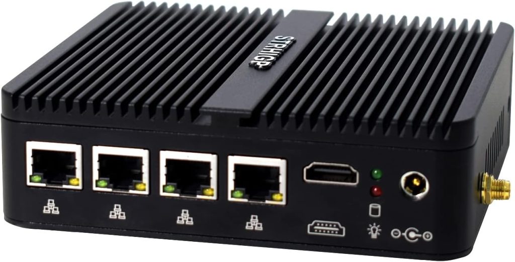 STRHIGP Firewall Mini PC OPNsense Celeron J4125 Quad Core, 4 x i211 Gigabit LAN Fanless PC 8GB RAM DDR4+128GB SSD, AES-NI, 4K HD, RS232 COM, 6USB, Aluminum, SIM Slot, VESA Mount, pre-installed Win10