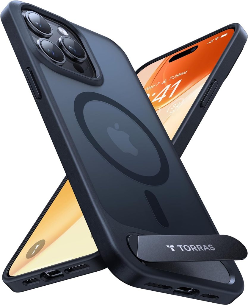TORRAS [Invisible Titanium Stand] for iPhone 15 Pro Max Case [12FT Military Shockproof ] [TOP N56 Magnets] [20W Fast Charging] Truly Completely Flat  Slim Case iPhone 15 Pro Max Cover - Pstand Black