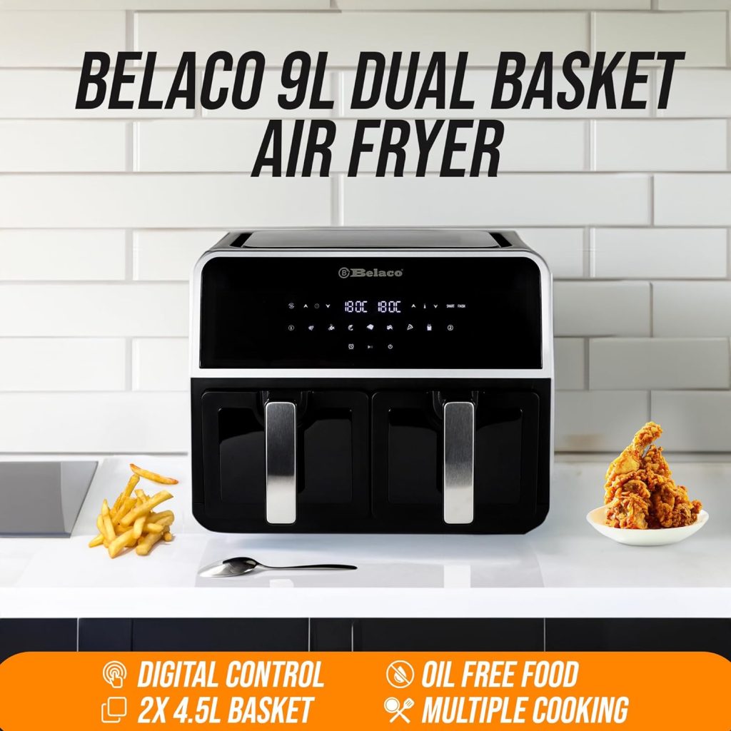 Belaco Air Fryer, 9L Dual Zone, Digital Display, Rapid Air Circulation, Air Fryers, 60 Min Timer, Adjustable Temperature, Dishwasher Safe Basket BEL-AF-03 Smart Finish
