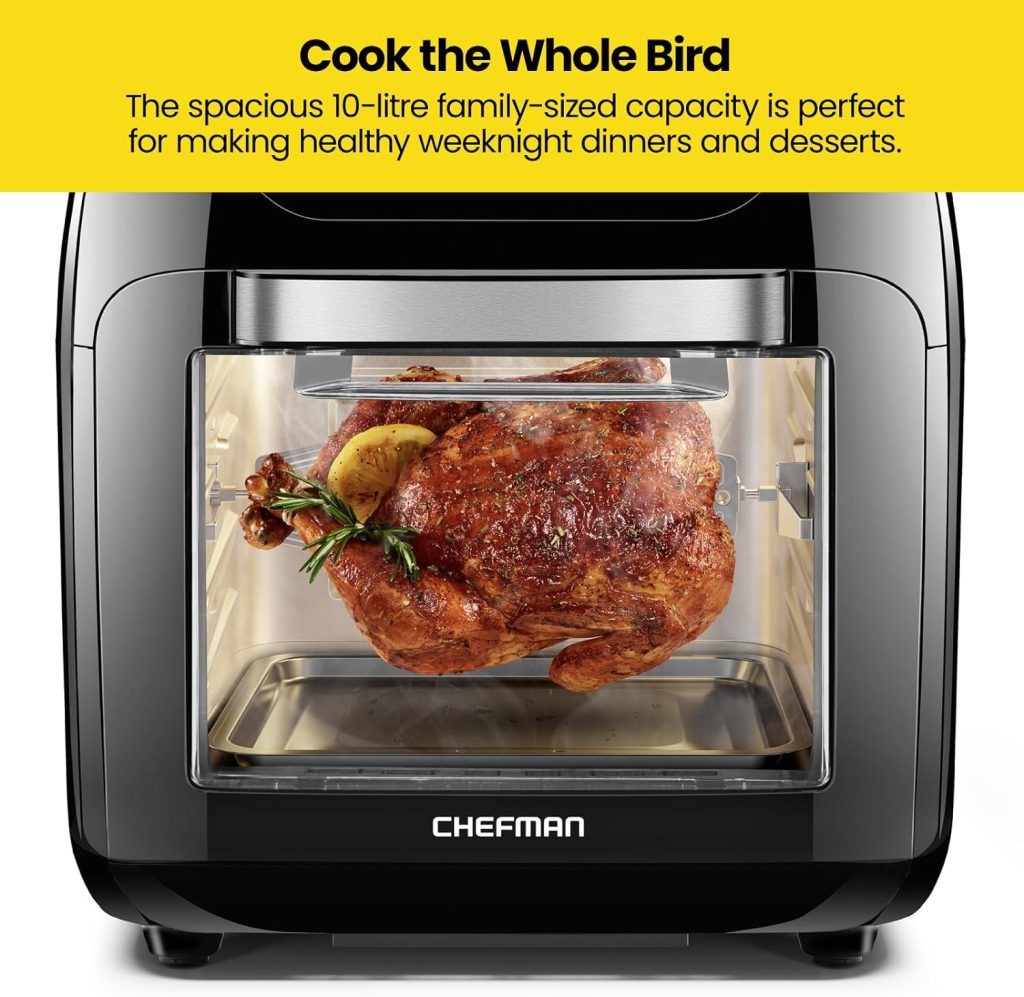 CHEFMAN Multifunctional Digital Air Fryer+ Rotisserie, Dehydrator, Convection Oven, 17 Presets Fry, Roast, Dehydrate, Bake, XL 10L Family Size, 1800W, Auto Shutoff, Large Easy-View Window, Black