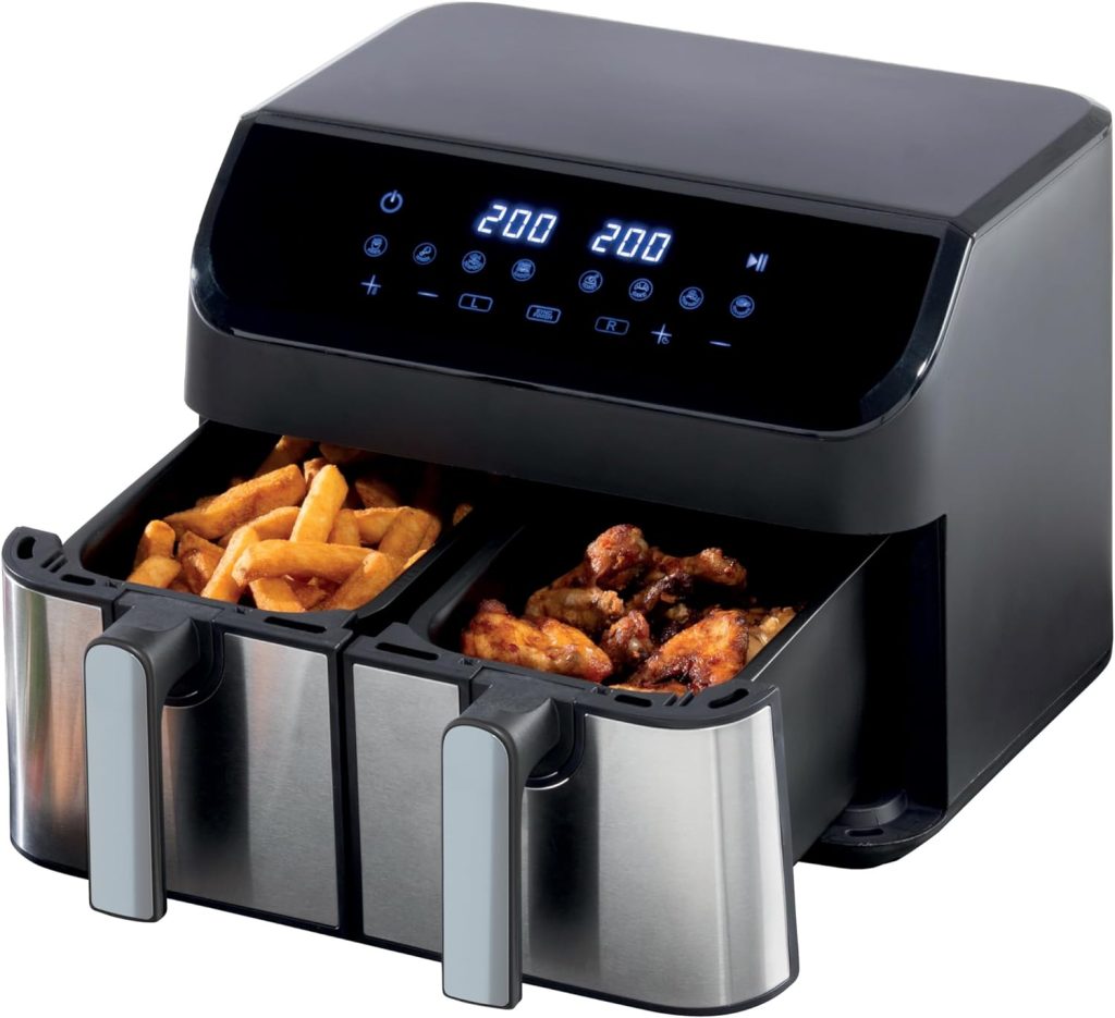 Daewoo Digital Air Fryer, Double 4.5 Litre Draws With Sync Function To Match Draw Times, Use Less Oil For Healthier Baking, Roasting, Grilling With 60 Minute Timer, Family Sized, 9 Litres
