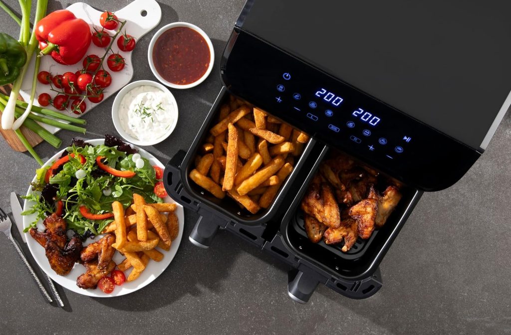 Daewoo Digital Air Fryer, Double 4.5 Litre Draws With Sync Function To Match Draw Times, Use Less Oil For Healthier Baking, Roasting, Grilling With 60 Minute Timer, Family Sized, 9 Litres
