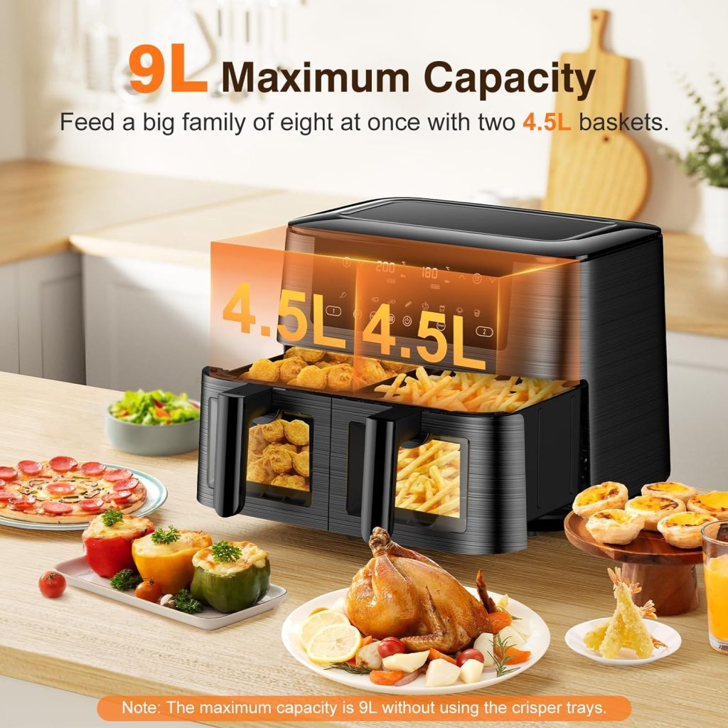 Dual Air Fryer with Visual Window, 9L XL Capacity, 2 Drawers, 9-In-1 Cooking Presets, Touch Screen, Smart Finish, Timer Function, Dishwasher-Safe, Healthy Oil Free  Low Fat Cooking