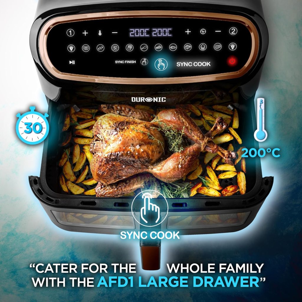 Duronic Air Fryer AF34 BG, 3 draws Included, Dual Zone Black and Rose Gold Family Sized Multi Cooker, 1 x 10L Large Drawer, 2 x 5L Twin Drawers