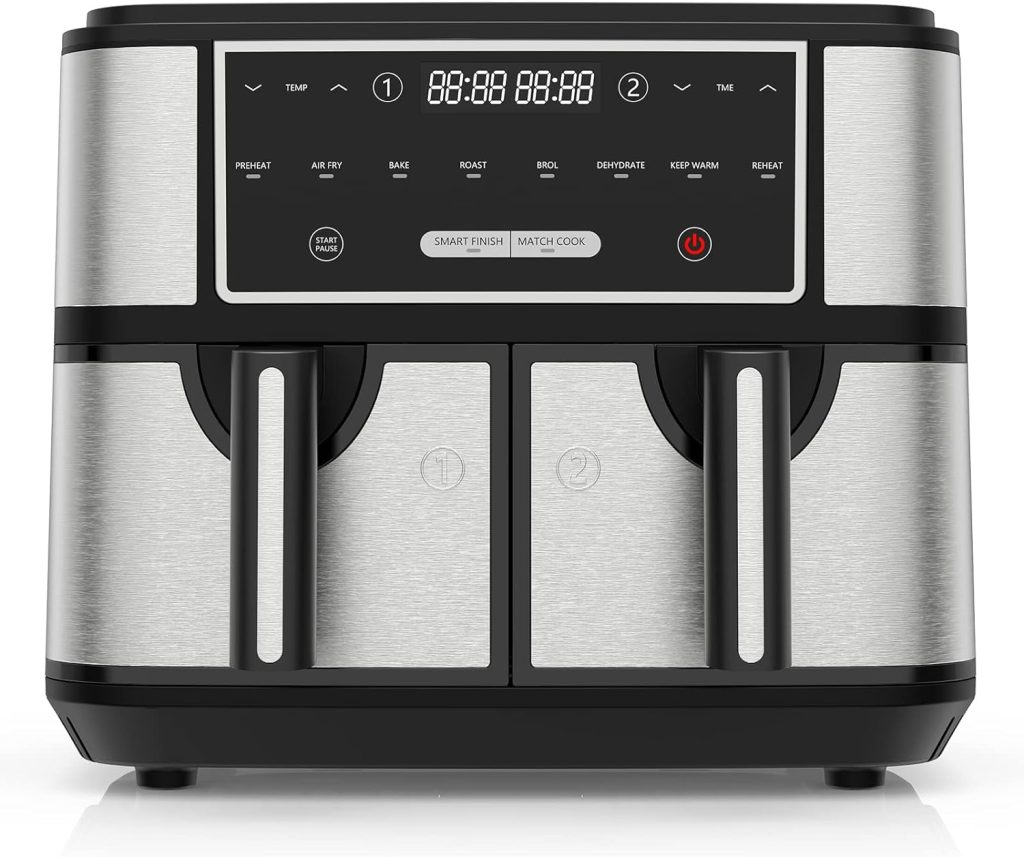 EUARY Best 9L Large Dual Basket Air Fryers for Family,8-In-1 Compact Oven with Smart Finish,Oil Free Double Air Fryer with Cookbook,Timer  Temperature Control,Nonstick 2600w