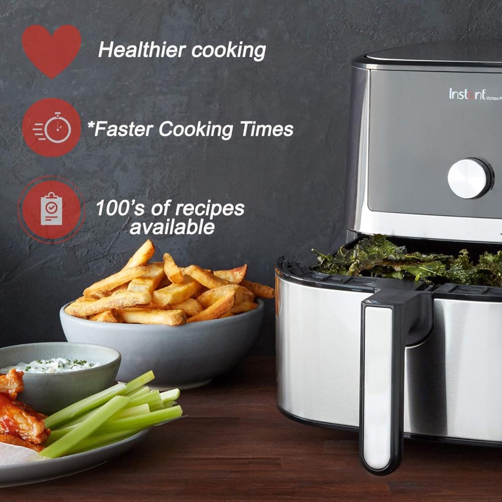 Instant Vortex OdourErase Digital Air Fryer with Single ClearCook Drawer and 6 Smart Programmes - Air Fry, Bake, Roast, Grill, Dehydrate, Reheat, Large Capacity, Stainless Steel - 5.7L, Black - 1700W