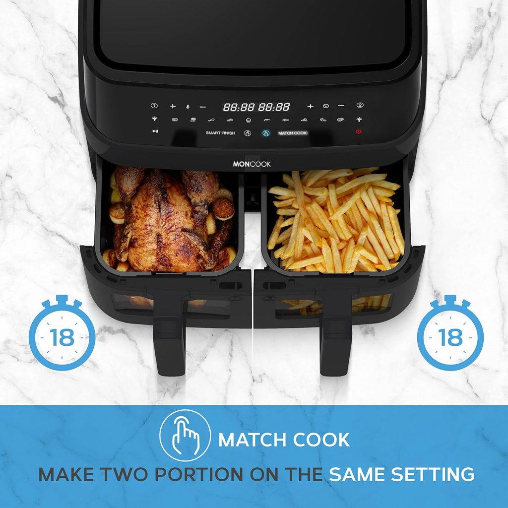 MONCOOK Double Air Fryer With Light Up Viewing Glass - Energy Efficient Airfryer Oven Alternative - 9L Twin 4.5L Baskets - 50 Recipe Cookbook - Smart Finish Function - 10 Pre-Set Cooking Programs
