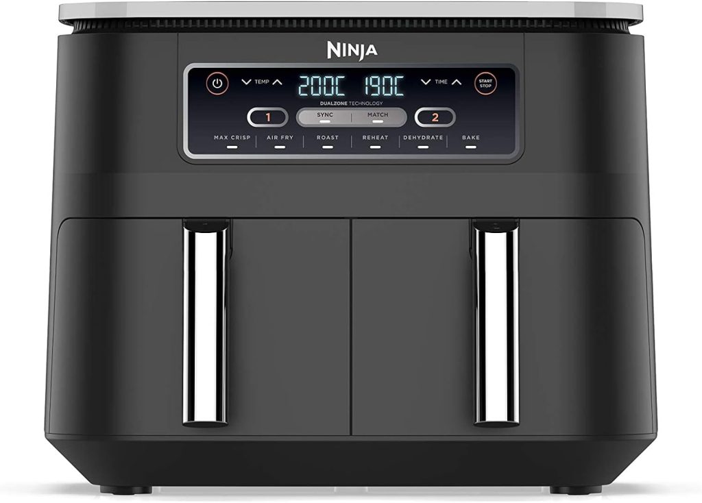 Ninja Foodi Dual Zone Digital Air Fryer, 2 Drawers, 7.6L, 6-in-1, Uses No Oil, Air Fry, Max Crisp, Roast, Bake, Reheat, Dehydrate, Cooks 4-6 Portions, Non-Stick, Dishwasher Safe Baskets, Black AF300UK