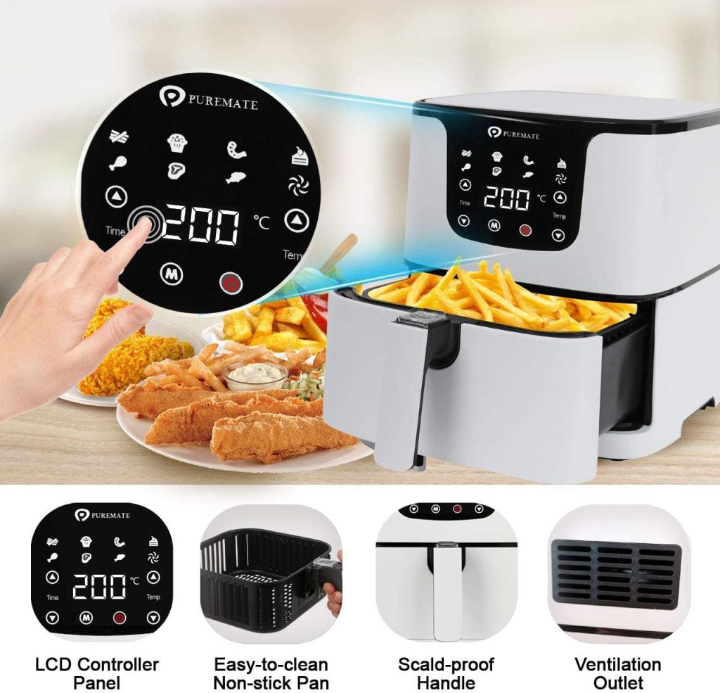 PureMate Air Fryer with Digital Display  Recipes Book, 5.5L Healthy Oil Free 1700W Air Fryer with 7 Preset, LED One Touch Screen, Timer  Adjustable Temperature Control (Black - 8L Dual Basket)
