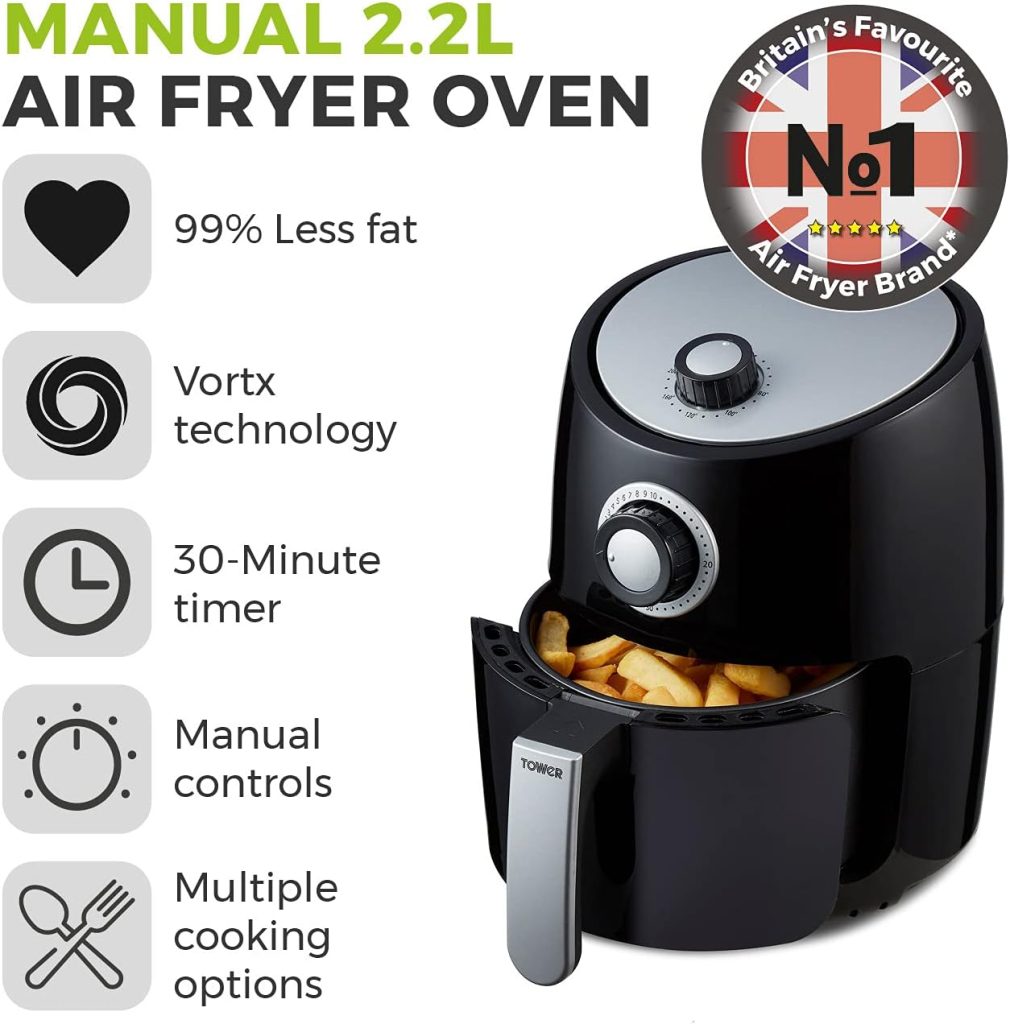 Tower T17023 Vortx Manual Air Fryer Oven with Rapid Air Circulation and 30 Min Timer, 2.2 Litre, Black