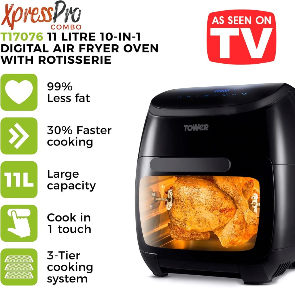 Tower T17076 Xpress Pro Combo 10-in-1 Digital Air Fryer Oven with Rapid Air Circulation, 60-Minute Timer, 11L, 2000W, Black