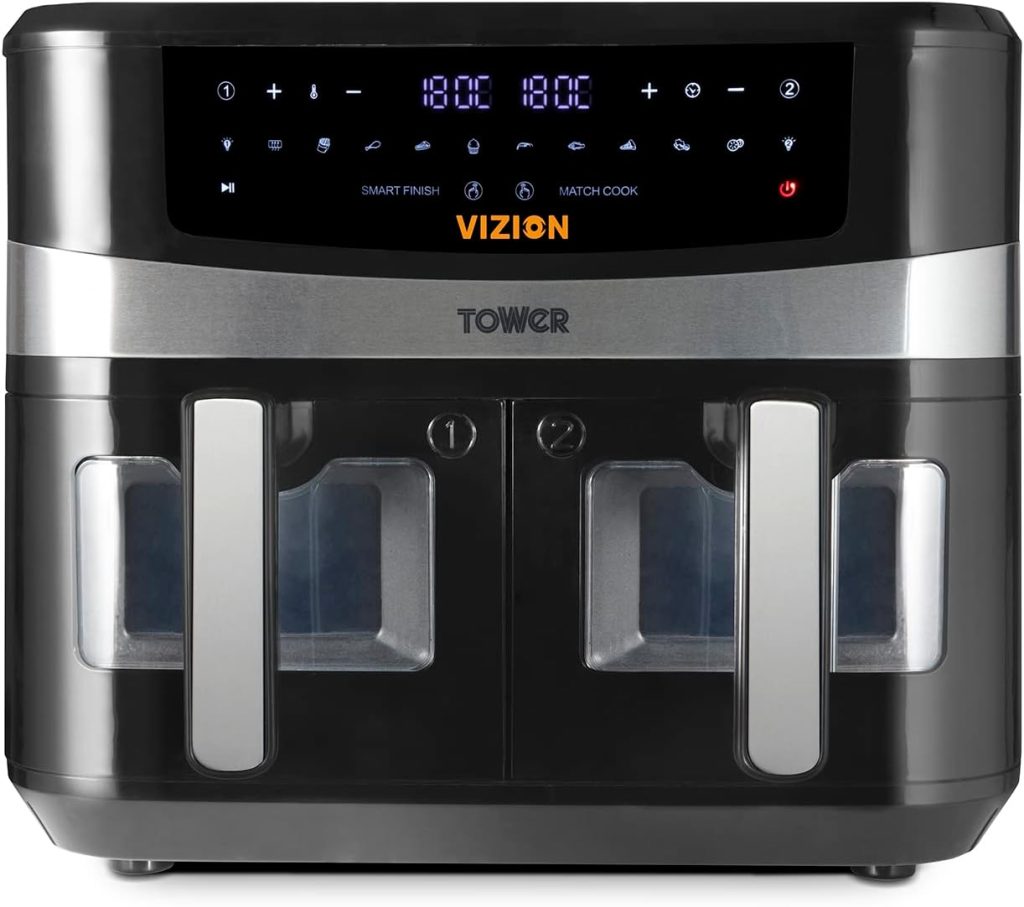 Tower, T17100, Vortx Vizion 9L Dual Basket Air Fryer with Digital control panel  10 One-touch Pre-sets, Black