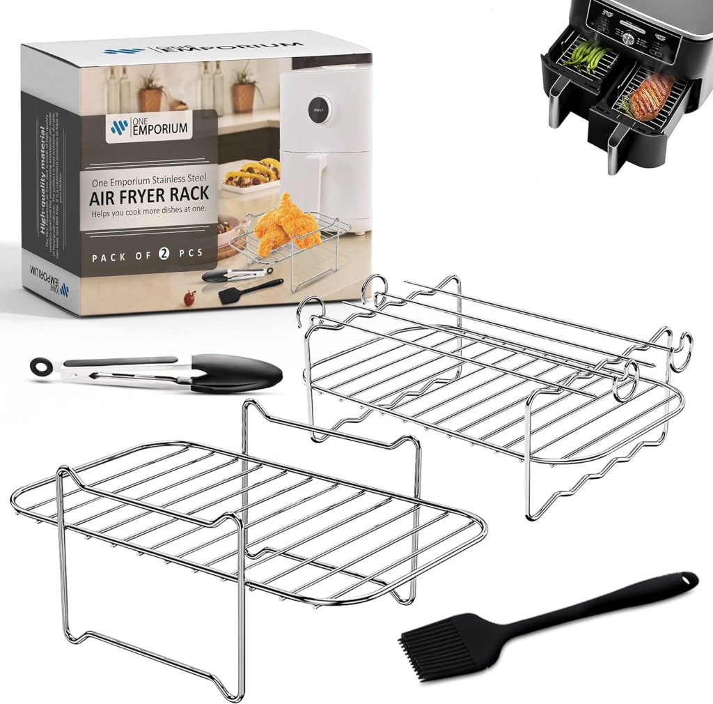 2Pcs Ninja Air Fryer Rack Set - Compatible with Most Dual-Basket Air Fryers, Oven, Microwave - Food Grade Stainless Steel Ninja Air Fryer Accessories with Oil Brush  Kitchen Tongs