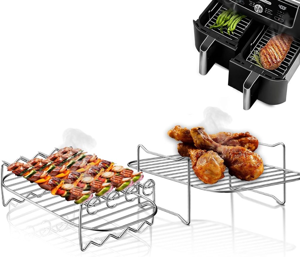 2Pcs Ninja Air Fryer Rack Set - Compatible with Most Dual-Basket Air Fryers, Oven, Microwave - Food Grade Stainless Steel Ninja Air Fryer Accessories with Oil Brush  Kitchen Tongs