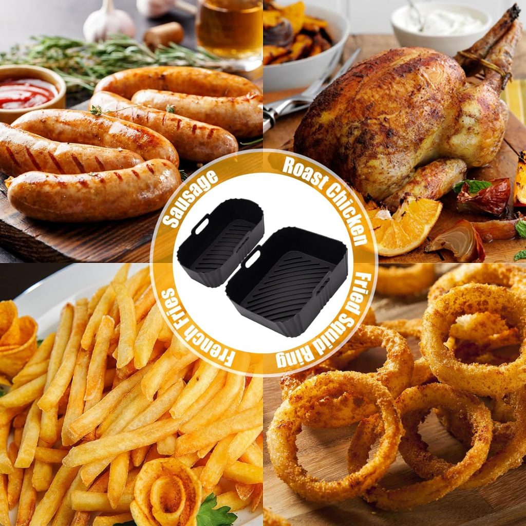 2pcs Reusable Air Fryer Silicone Liners for Tefal Easy Fry 5.2L/3.1L, Tower T17099 5.2L/3.3L, Lakeland 5L/3L, Salter 5.5L/3.5L, Two Sizes Airfryer Trays, LargeSmall Dual Drawer Air Fryer Accessories
