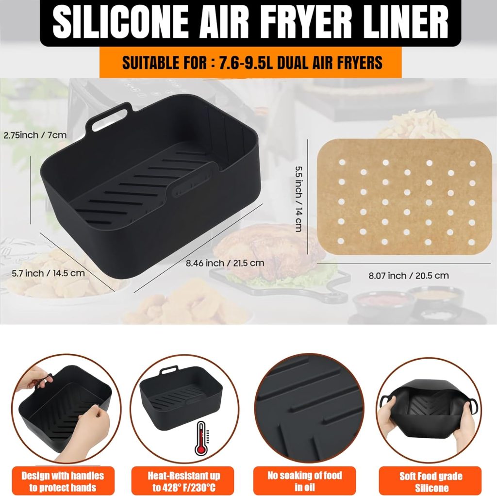 Air Fryer Accessories, 11 Pcs for Ninja Dual Air Fryer AF300UK, AF400UK  Tower T17088 Air Fryer Liners 7.6-9.5L Silicone Liners, Racks, Skewers, Cupcakes, Gloves, Tong  Paper Lining Compatible