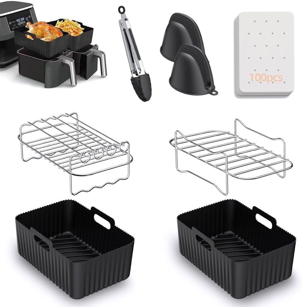 Air Fryer Accessories, 8pcs for Ninja Dual AF400UK  Tower T17088  AF300UK, Dual Silicone Air Fryer Liners  Gloves, Air Fryer Rack  Food Tong  Paper Lining Compatible with Oven, Microwave