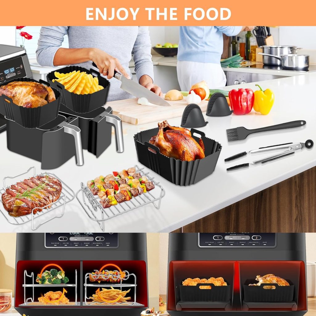 Air Fryer Accessories, 8pcs Ninja Dual Air Fryer Accessories for Ninja AF300/400/451UK and Tower T17088, Including Reusable Silicone Air Fryer Liner, Racks,Gloves etc, Compatible with Oven Microwave