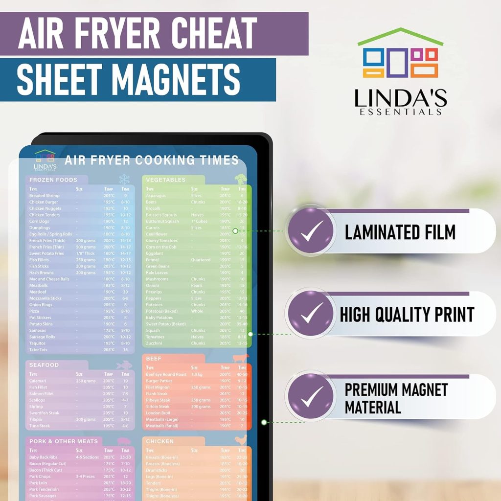 Air Fryer Accessories Magnetic Cheat Sheet Set by Linda’s Essentials - Air Fryer Cooking Times Chart Magnet, Quick Reference Guide For Cooking and Frying, Cooking Times Chart  Kitchen Conversions