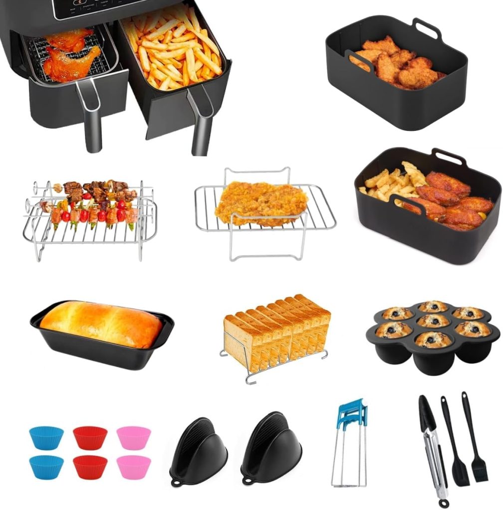 Air Fryer Accessories Set, 12Pcs for Ninja/Tower/Instant Vortex/Salter 7.6L-9.5L Dual Air Fryer, Including Silicone Air Fryer Liners, Racks, Gloves, Bread Pan and Tools